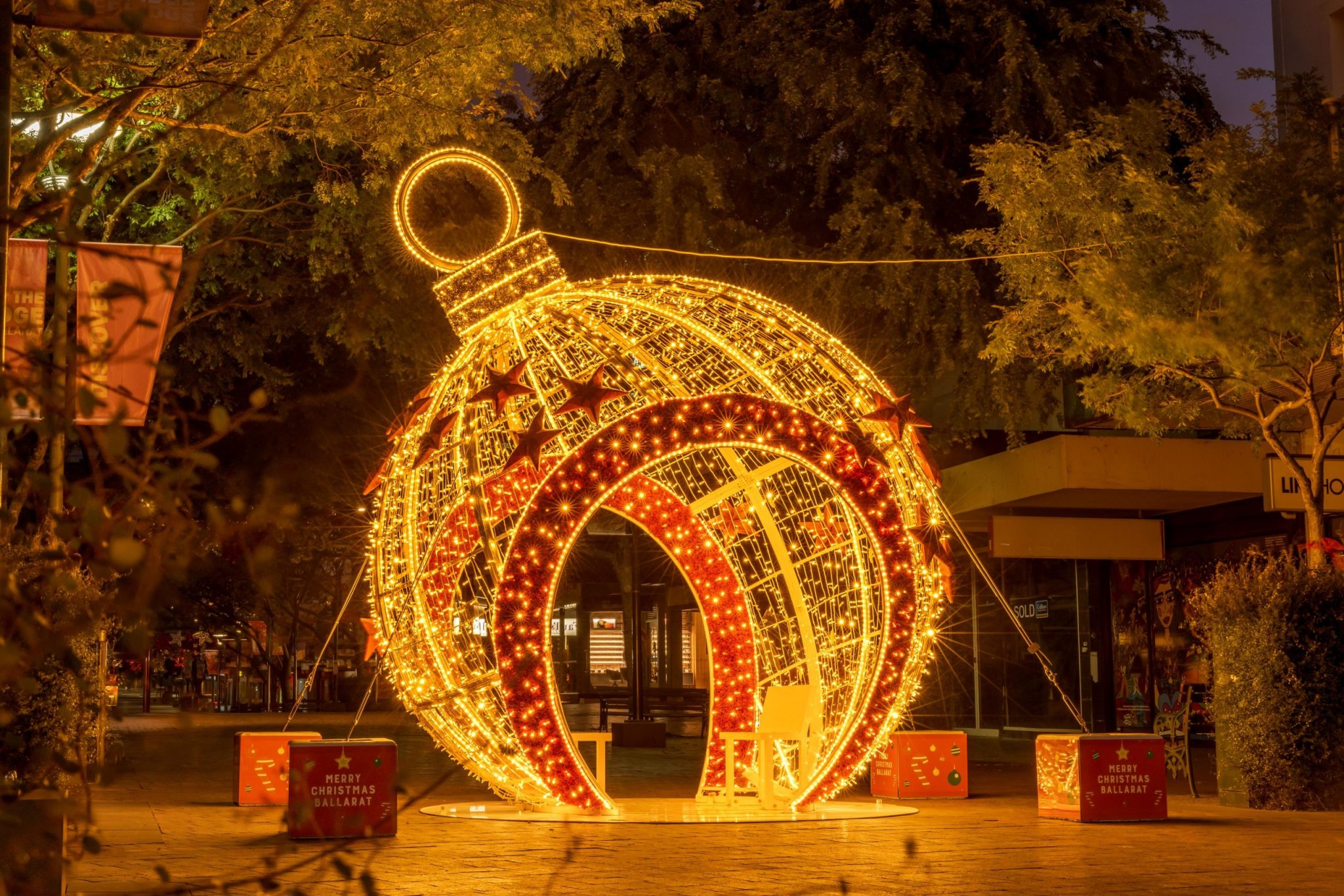 Illuminated Christmas bauble display, Ballarat at night.
