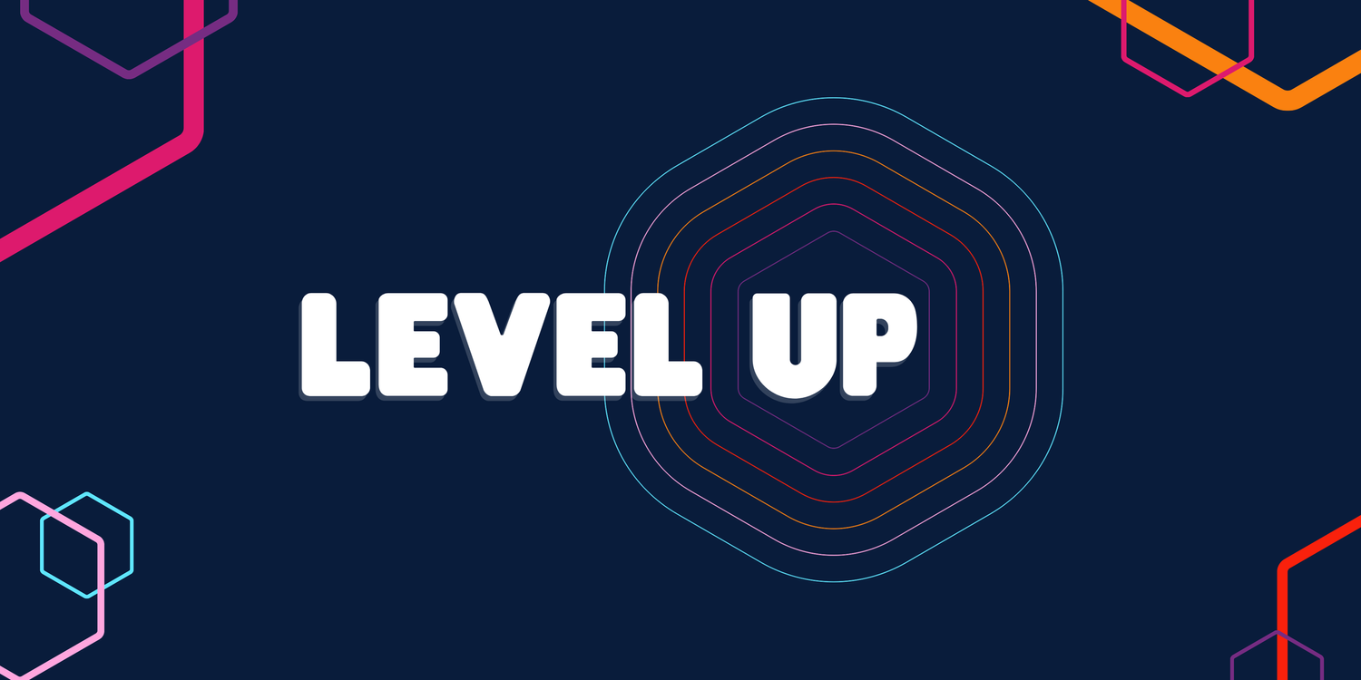 Level Up text on geometric background