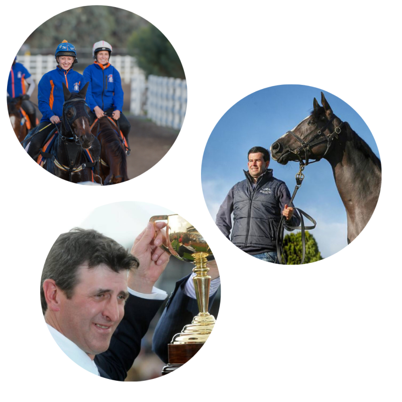 Horse trainers and jockeys with Melbourne Cup.