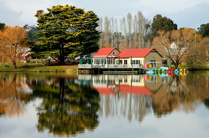 Scenic lake view with reflection of trees and houses.