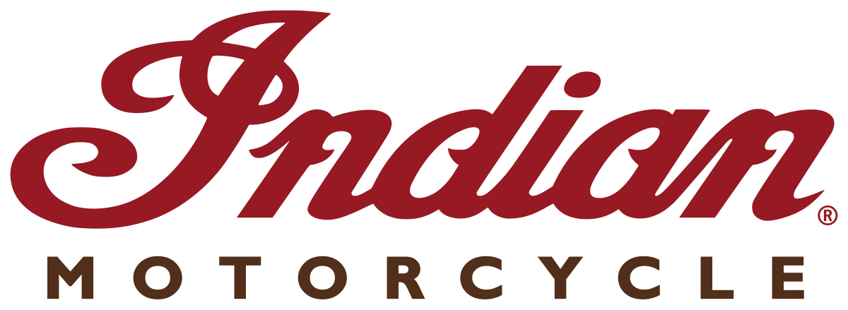 Indian Motorcycle logo, cursive red and brown text.