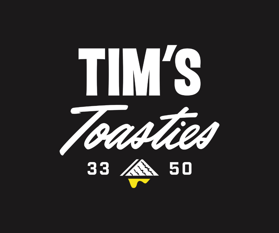 Tim's Toasties logo with sandwich illustration.