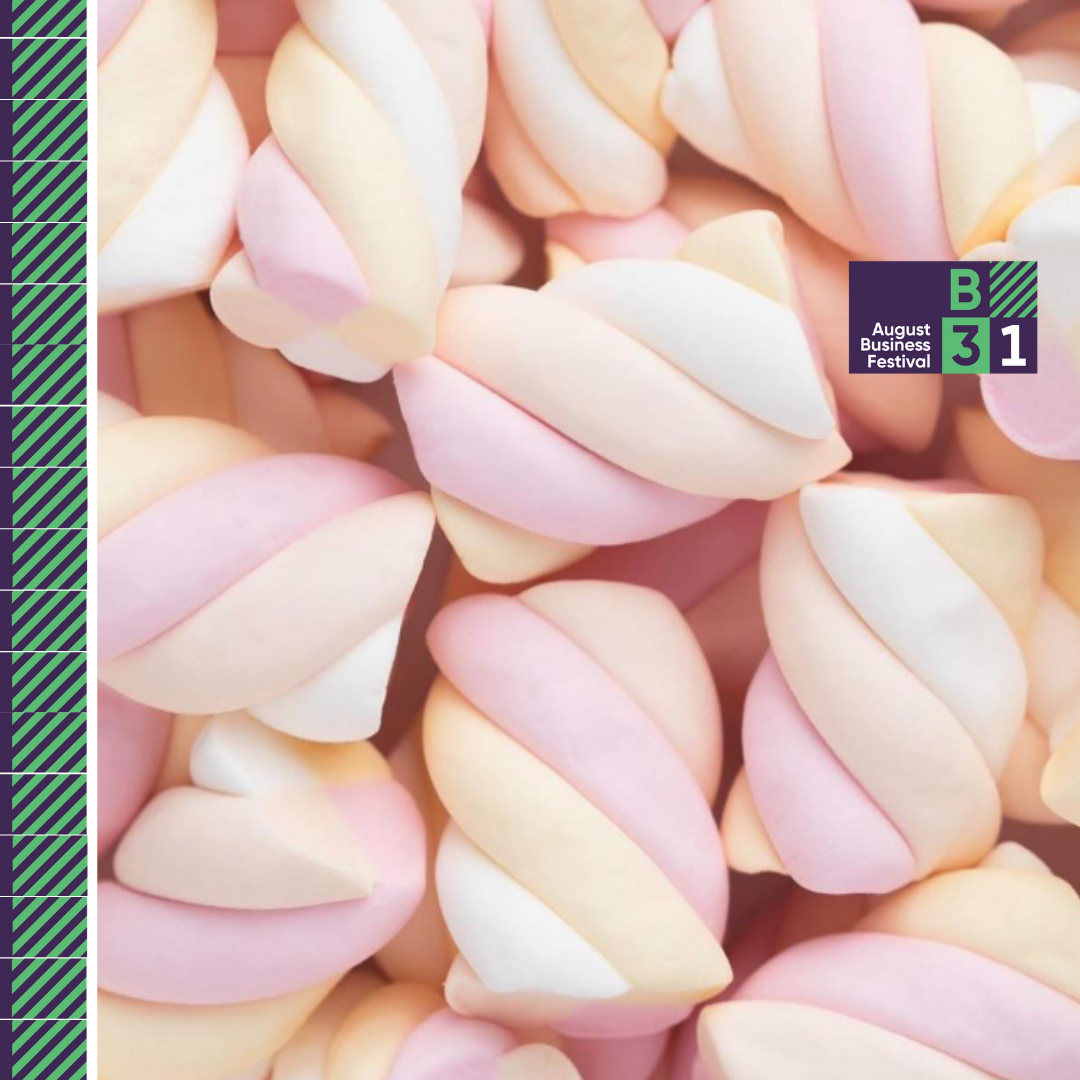 Pink and white marshmallows, August Business Festival logo.