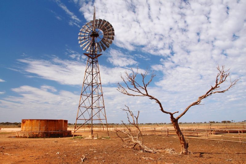 Outback windmill and tree under blue sky.