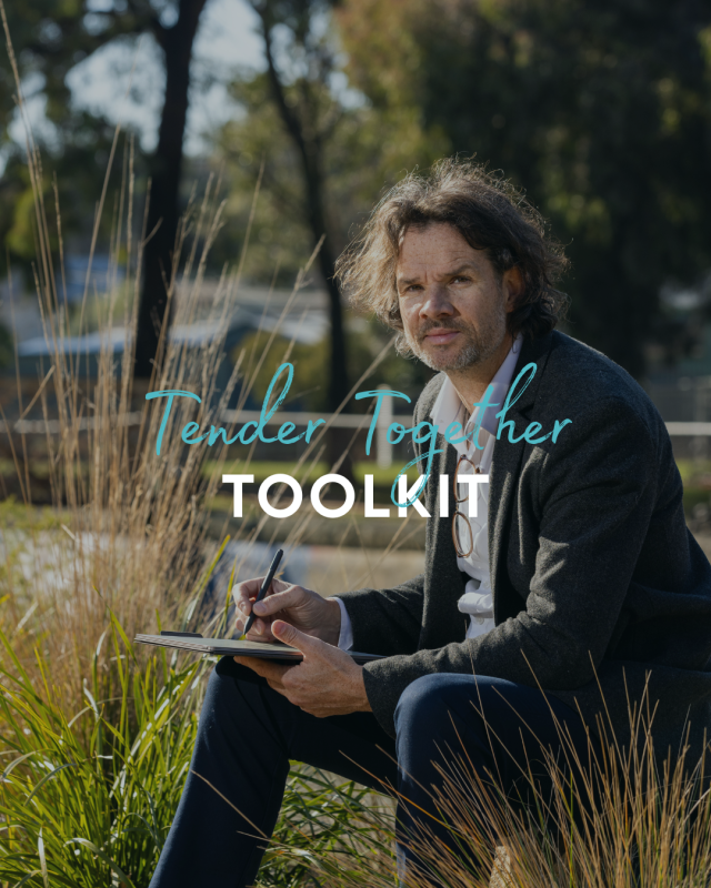 Man outdoors with notebook, "Tender Together Toolkit" title.