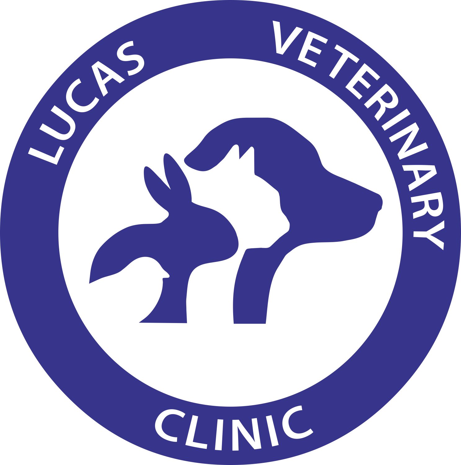 Lucas Veterinary Clinic logo with animal silhouettes.
