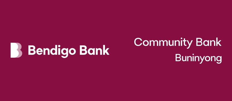 Bendigo Bank Buninyong logo on maroon background.