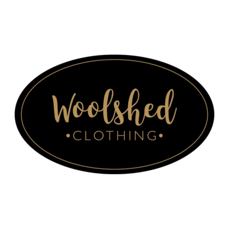 Woolshed Clothing logo in black and gold.