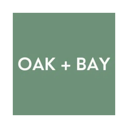 Oak + Bay logo on green background.