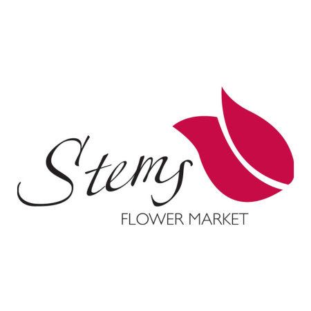 Stems Flower Market logo with red petal design.