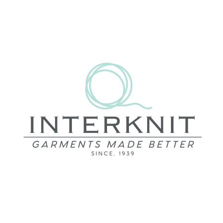 Interknit clothing logo with yarn design.
