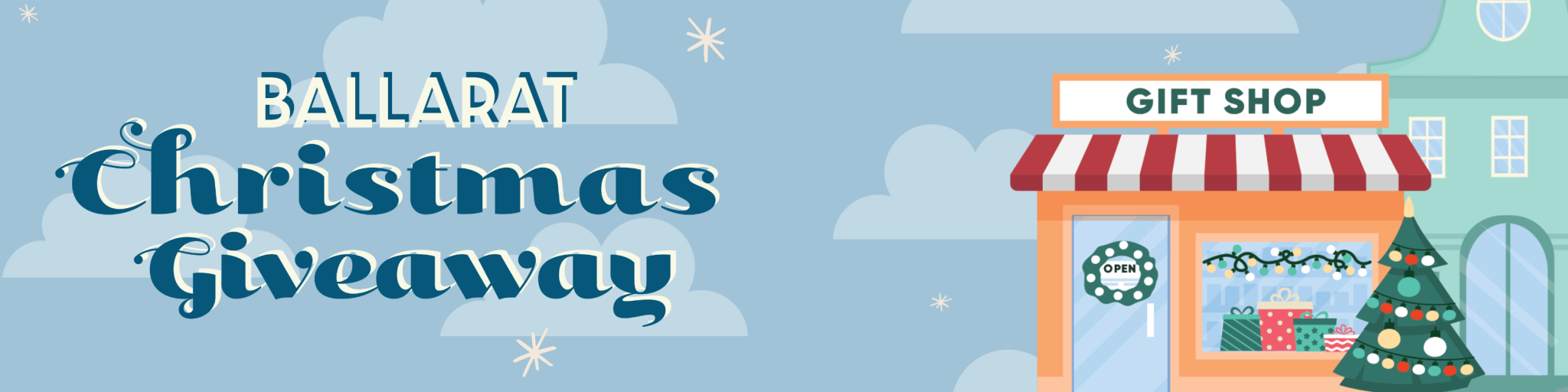 Ballarat Christmas giveaway with a gift shop illustration.