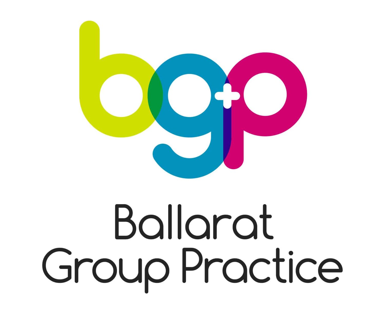Ballarat Group Practice logo, colourful letters bgp.